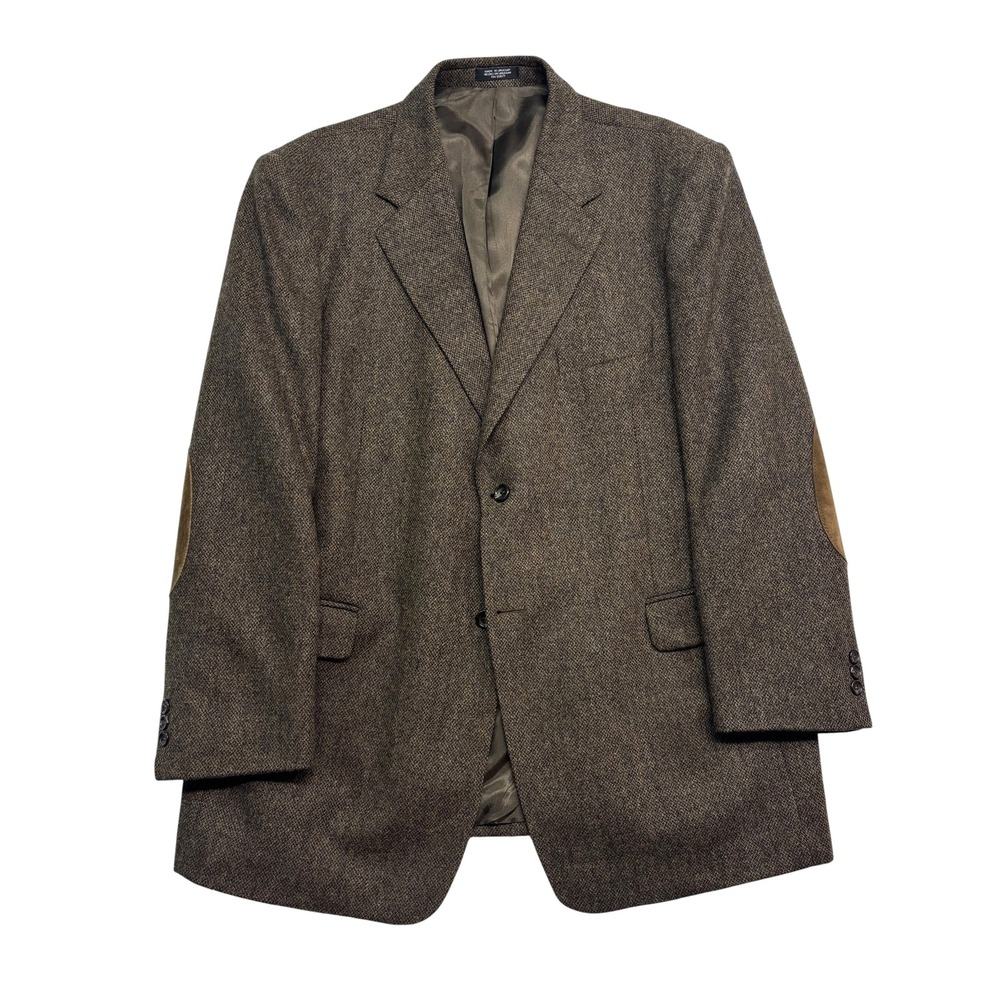 vtg Stafford 44L Brown Tweed Wool Blazer Jacket Sport Suit Coat Elbow Patches
